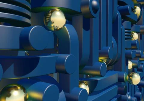 Blue industrial or technology abstraction with shiny golden balls and connection Illustrazione stock