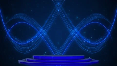Blue infinity light stage glowing loop waves, star particles, and futuristic pod Stock Footage 340476947