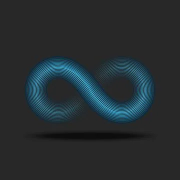 Blue infinity logo with gradient parallel lines on a dark background, repre.. Stock Illustration