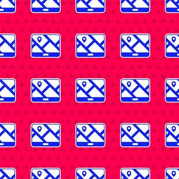 Blue Infographic of city map navigation icon isolated seamless pattern on red 스톡 일러스트