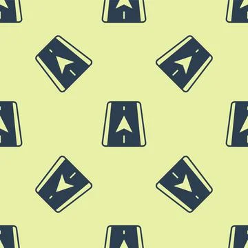Blue Infographic of city map navigation icon isolated seamless pattern on yellow Stock Illustration