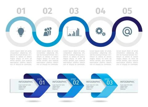 Blue Infographic process chart and arrows with step up options. Vector template. Illustrazione stock