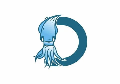 Blue initial letter D with squid Stock Illustration