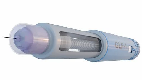 Blue injectable medication pens. Each pen clearly displays the text "GLP-1". Stock Illustration