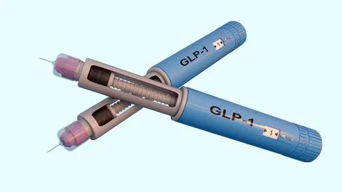 Blue injectable medication pens. Each pen clearly displays the text "GLP-1". Stock Illustration