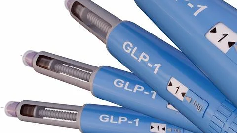 Blue injectable medication pens. Each pen clearly displays the text "GLP-1". Stock Illustration