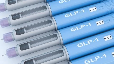 Blue injectable medication pens. Each pen clearly displays the text "GLP-1". Stock Illustration