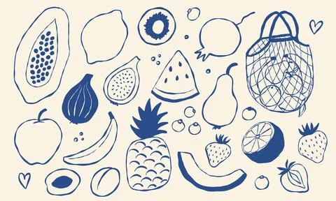 Blue ink doodle of assorted fresh fruits in mesh bag 스톡 일러스트