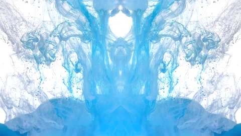 Blue ink rises into a mirrored luminous shape with frosty white textures Stock Footage 338105206