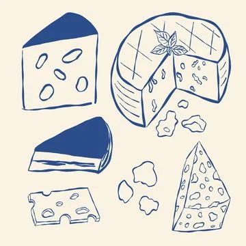 Blue ink sketch of assorted cheeses Illustrazione stock