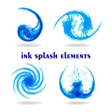 Blue ink splash logos set. Swirl water wave design elements. Eco fluid stream Stock Illustration