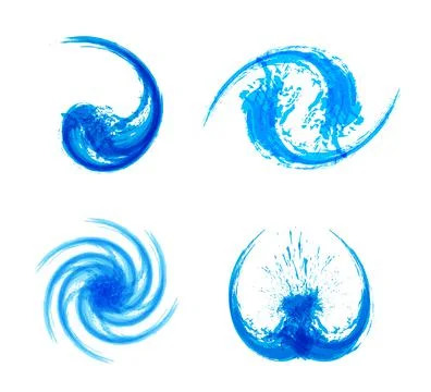Blue ink splash logos set. Swirl water wave design elements. Eco fluid stream Stock Illustration