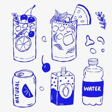 Blue ink style drawing of assorted beverages: cocktails, canned drinks Stock Illustration