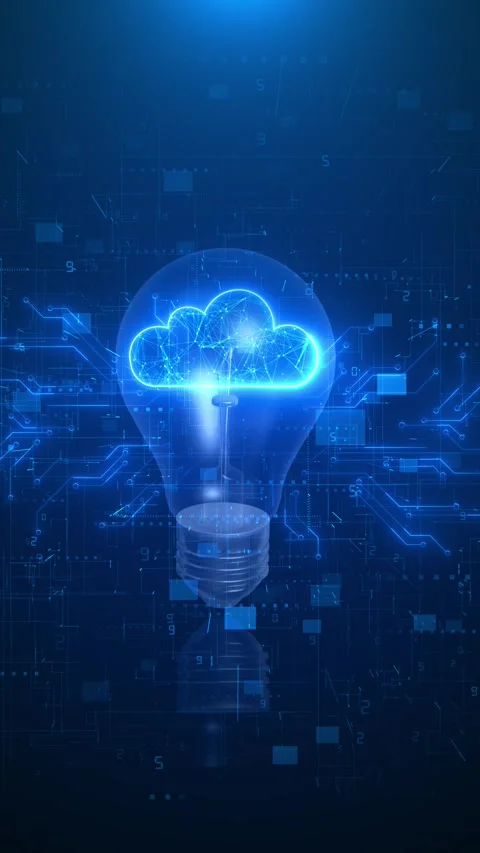 Blue innovation bulb scene cloud icon, circuit board pattern, neon glow, modern Stock Footage 334101862