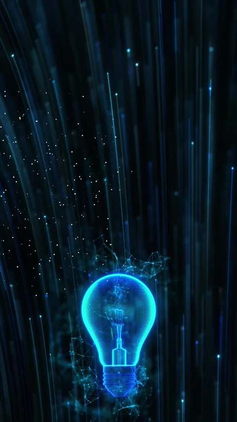Blue innovation light bulb glowing wire bulb, network particles, curved data tra Stock Footage 340527984