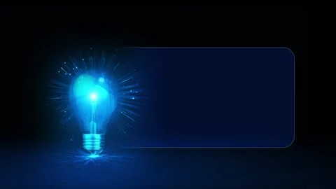 Blue innovation message panel visual with bright lamp icon, circuit spark, and c Stock Footage 340556191