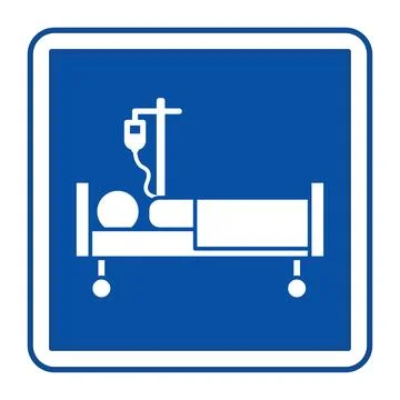 Blue Inpatient Sign. Vector Illustration. Patient Lying Under IV, Treatment.. Stock Illustration