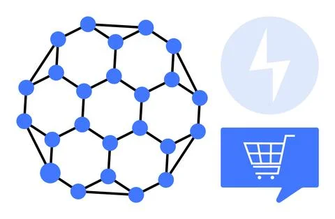 Blue interconnected network with nodes and connections, shopping cart icon in Illustrazione stock