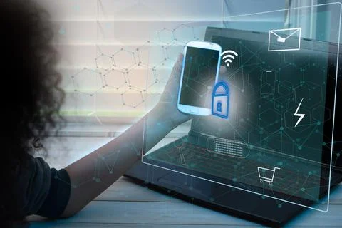 Blue interface background with icons set and Left-handed woman using a mobile Stock Photos