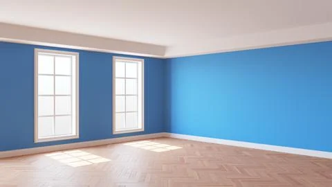 Blue Interior with Plastered Walls, Two Windows, White Ceiling and Cornice Stock Illustration