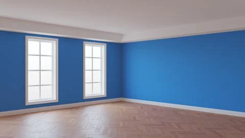 Blue Interior with a White Ceiling and Cornice, Glossy Herringbone Parquet Floor Stock Illustration