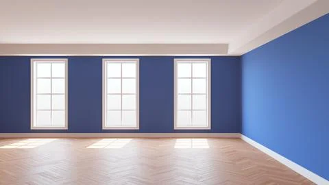 Blue Interior with a White Ceiling and Cornice, Glossy Herringbone Parquet Fl Stock Illustration