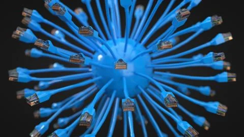 Blue internet cables and sphere. conceptual 3d illustration of ethernet cable Stock Illustration