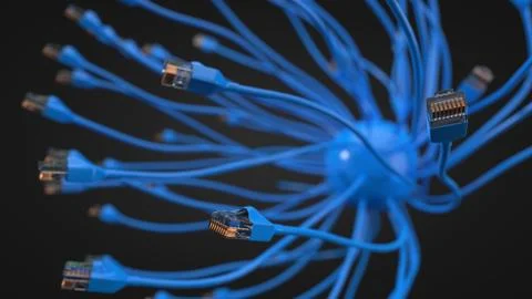 Blue internet cables and sphere. conceptual 3d illustration of ethernet cable 库存插图