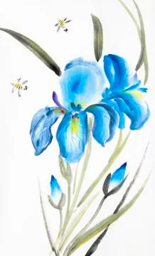 Blue iris and bees Stock Illustration