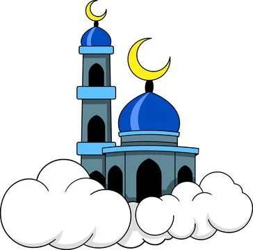 Blue Islamic Mosque with Crescent Moons and Clouds for Ramadan and Eid Cele.. Stock Illustration