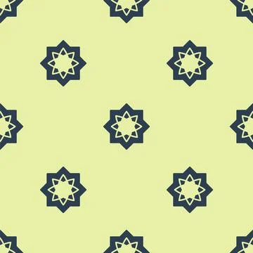 Blue Islamic octagonal star ornament icon isolated seamless pattern on yellow Stock Illustration