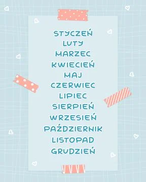 Blue isolated set of flat Months from January to December in Polish language, Stock Illustration