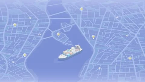 Blue isometric city map with cargo ship and yellow package location markers Stock Illustration