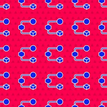 Blue Isometric cube icon isolated seamless pattern on red background. Geometric Stock Illustration