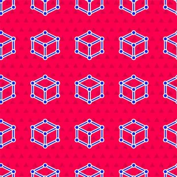 Blue Isometric cube icon isolated seamless pattern on red background. Geometric イラスト素材