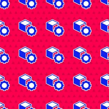 Blue Isometric cube icon isolated seamless pattern on red background. Geometric イラスト素材