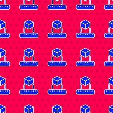 Blue Isometric cube icon isolated seamless pattern on red background. Geometric Stock Illustration