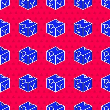 Blue Isometric cube icon isolated seamless pattern on red background. Geometr Stock Illustration