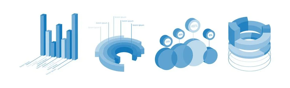 Blue Isometric Infographic Elements with Chart and Diagram Vector Set Stock Illustration