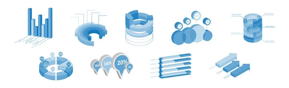 Blue Isometric Infographic Elements with Chart and Diagram Vector Set Stock Illustration