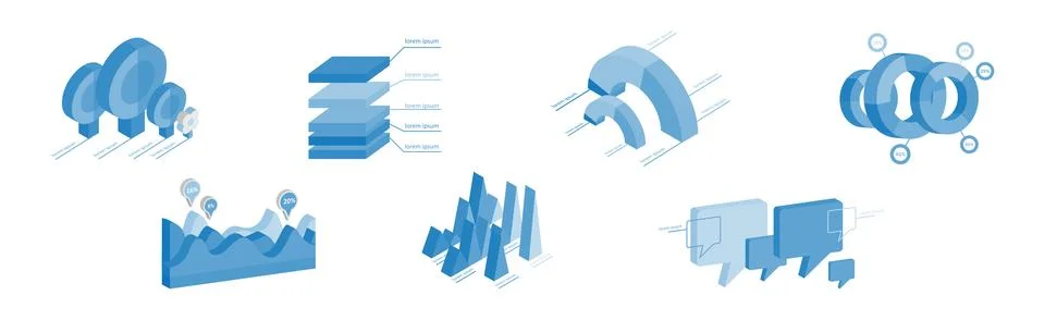 Blue Isometric Infographic Elements with Chart and Diagram Vector Set Stock Illustration