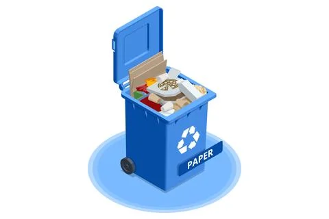 Blue isometric paper recycle bin filled with cardboard, carton and paperboard Stock Illustration