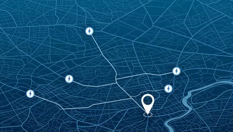 Blue isometric smart city map showing electric vehicle charging network. Vector Stock Illustration