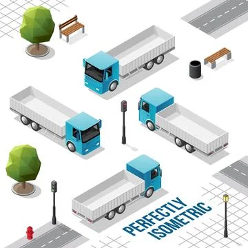 Blue Isometric Truck from the Front Back Right and Left Views Stock Illustration