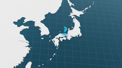 Blue Japan 3d map with pointer pin surrounded with other countries in white Stock Footage 320410475