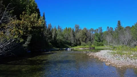 Blue Jay Creek river with Michael's Bay, Lake Huron, Manitoulin Island, unv.. Stock Footage 260411239