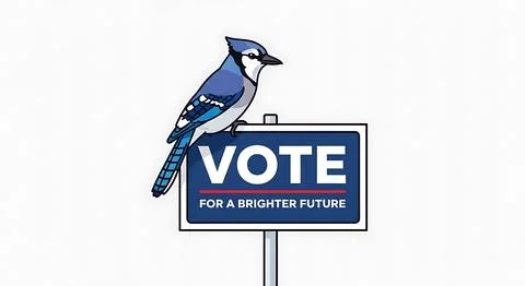 Blue jay perched on vote for brighter future political campaign sign isolat.. Illustration