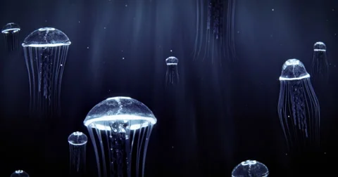 Blue Jellyfish Swimming in Deep Dark Ocean 4k Loop Stock Footage