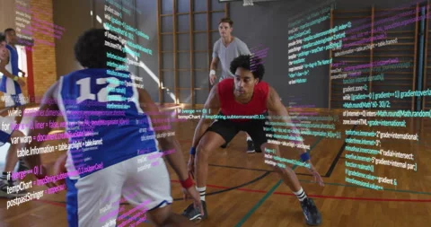 Blue jersey player executing low crossover dribble in gym tech pulsing passing Stock Footage 314475621