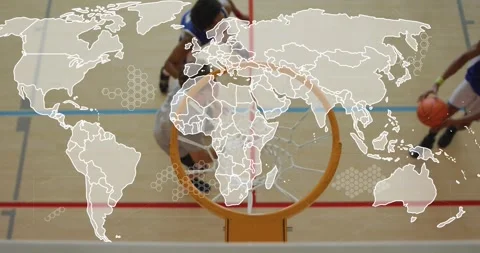 Blue jersey player taking shot after pass while transparent world-map overlay Stock Footage 326629463